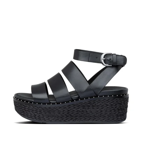 FitFlop Eloise Black Ankle Strap Open Toe Strappy Upper Espadrille Wedge Sandals - Picture 8 of 9